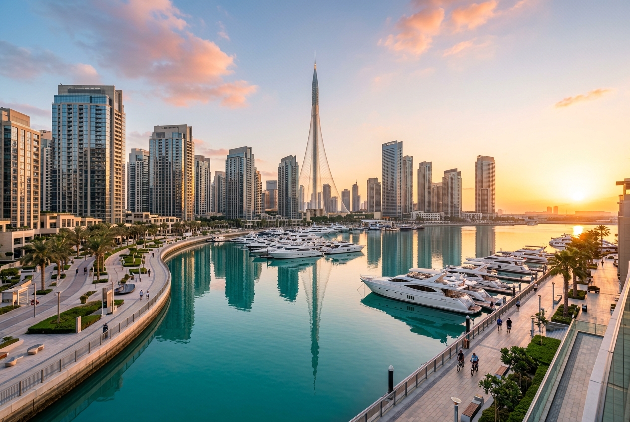 Dubai Creek Harbour waterfront with yachts and modern towers at sunrise