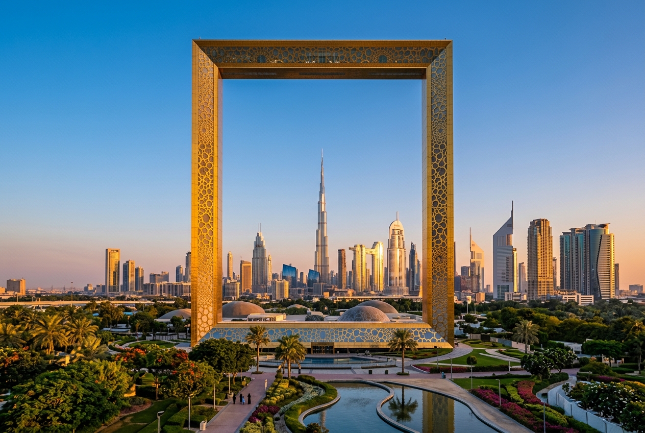 Iconic Dubai Frame at golden hour