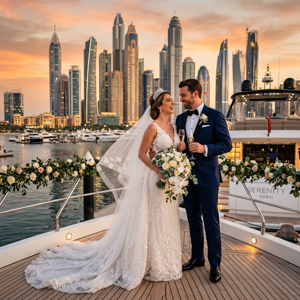 Luxury yacht cruise in Dubai Marina at sunset