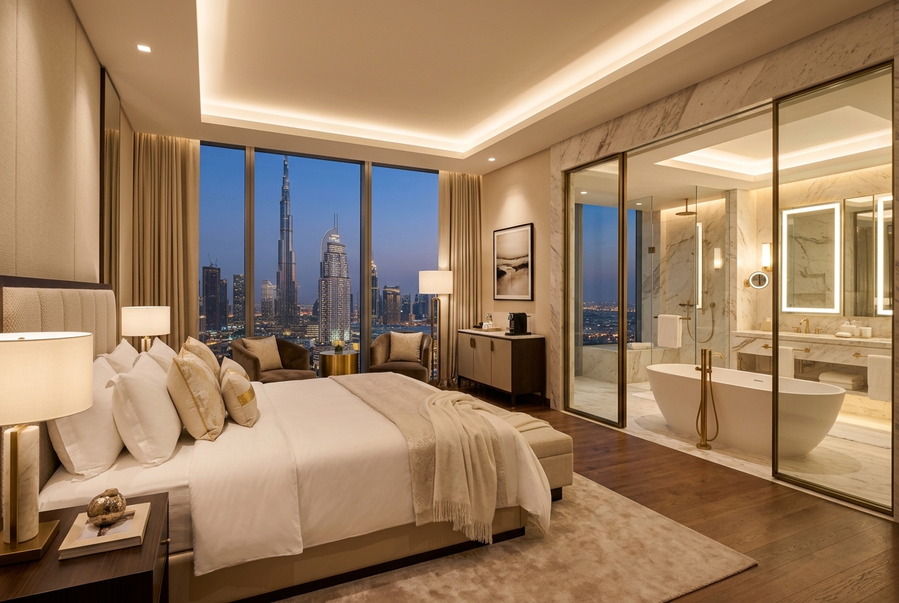 Luxury 5-star hotel suite in Dubai with skyline views