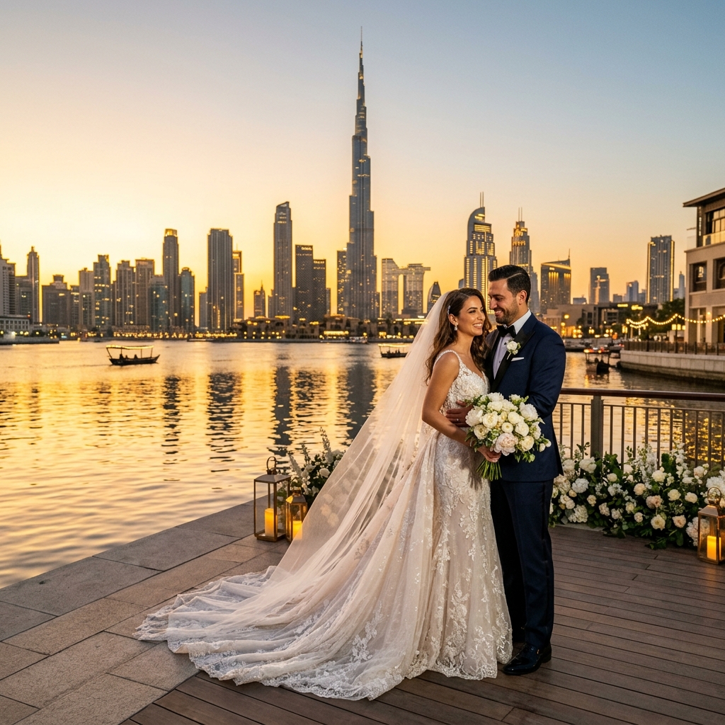 Dubai skyline at golden hour with Burj Khalifa reflecting in the water