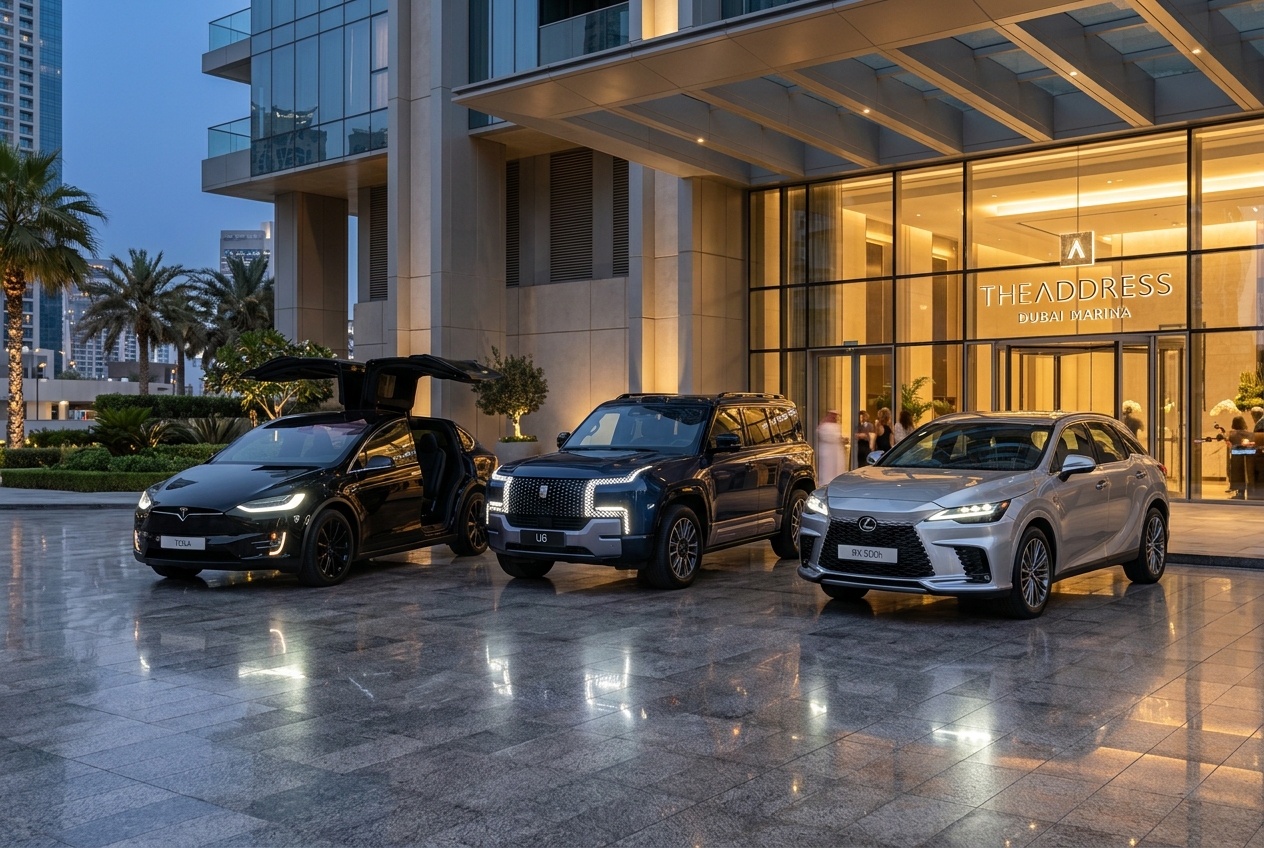 Tesla, BYD, and Lexus premium luxury vehicles